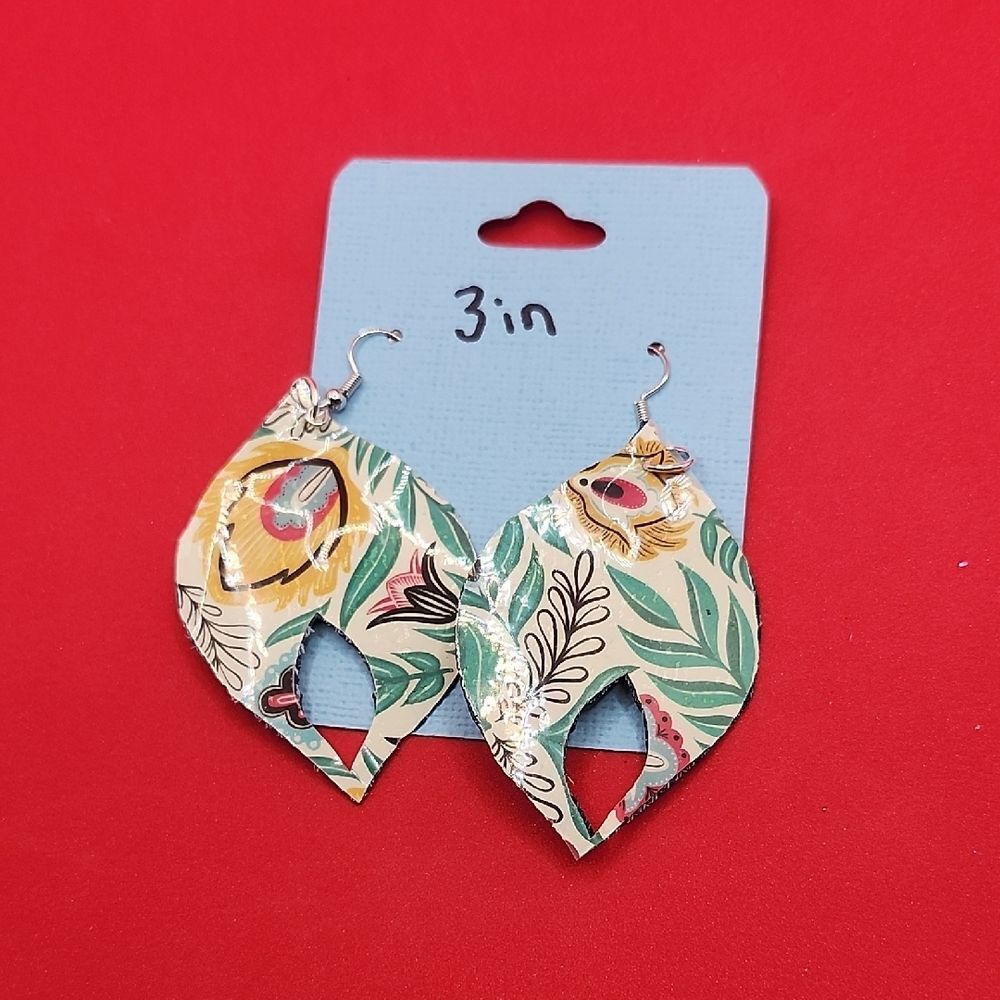 Floral Faux Leather Dangle Earrings Colorful Boho Earrings Handmade Lightweight